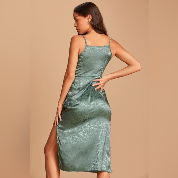 Lulu’s sage green satin animal print slip dress. - Picture 6 of 7